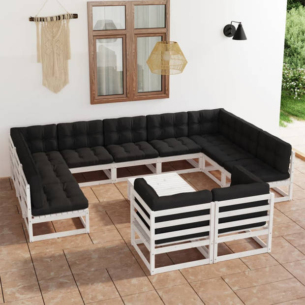 vidaXL 12-delige Loungeset met kussens massief grenenhout wit