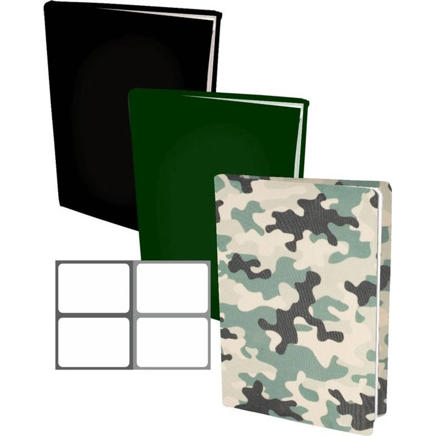 Assortiment Rekbare Boekenkaften A4 2 X Camouflage 2 X Zwart 2 X Groen Inclucief Labels