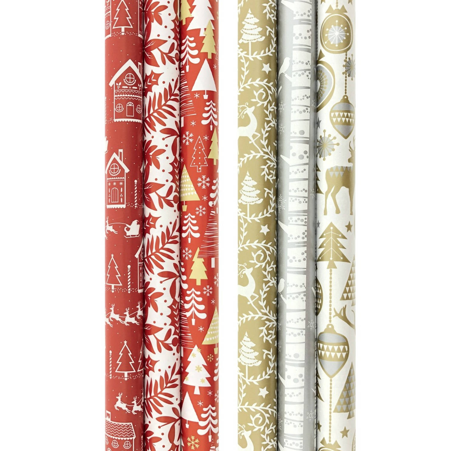 Assortiment Rood en Goud - Zilverkleurig luxe kerstpapier inpakpapier cadeaupapier - 200 x 70 cm - 6 rollen