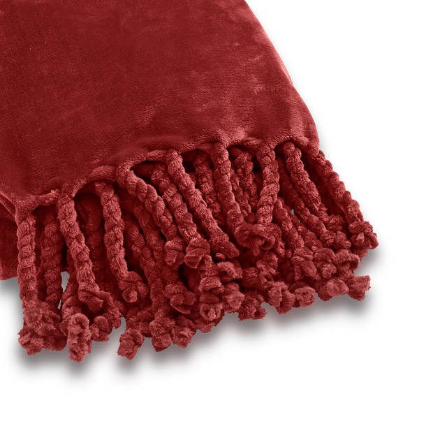 Dutch Decor - FLORIJN - Plaid 150x200 cm - grote fleece plaid met flosjes - Merlot - bordeaux rood