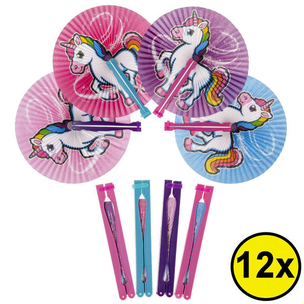 Decopatent® Uitdeelcadeaus 12 STUKS Unicorn - Eenhoorn Hand Waaier -