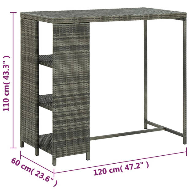 vidaXL Bartafel met opbergrek 120x60x110 cm poly rattan grijs