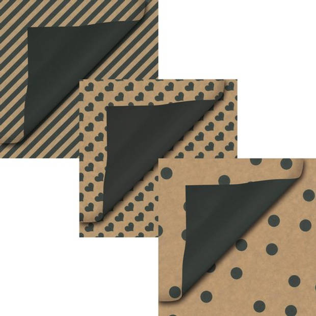 Bruine kraft met zwart design cadeaupapier inpakpapier - 200 x 70 cm - 9 rollen
