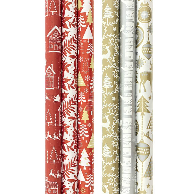 Assortiment Rood en Zilverkleurig luxe kerstpapier inpakpapier cadeaupapier - 200 x 70 cm - 12 rollen