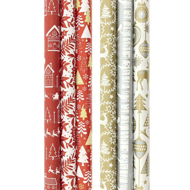 Assortiment Rood en Goud - Zilverkleurig luxe kerstpapier inpakpapier cadeaupapier - 200 x 70 cm - 6 rollen