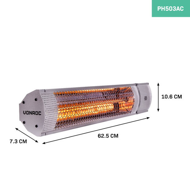 VONROC Heater Marsili 2000W – 2 Warmteniveaus – Zilver – Lowglare element – Met afstandsbediening