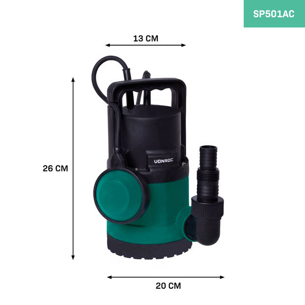 VONROC Dompelpomp/Waterpomp 300W – 6500l/h – Voor schoon en licht vervuild water – Met vlotter