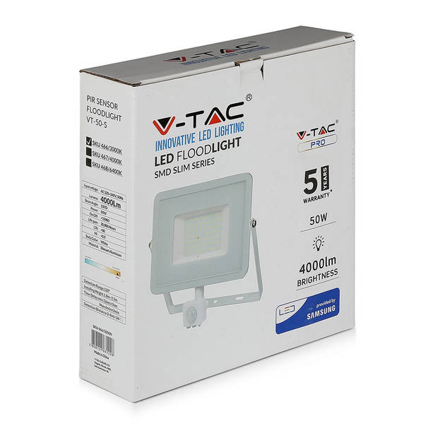 V-TAC VT-50-S-W Draaibare LED Schijnwerpers met PIR Sensor - Samsung - IP65 - Wit - 50W - 4000 Lumen - 6400K - 5 Jaar