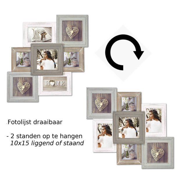 Multi fotolijst hout vintage met 7 lijstjes geschikt voor diverse foto maten - Fotolijsten