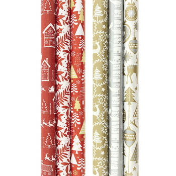Assortiment Rood en Zilverkleurig luxe kerstpapier inpakpapier cadeaupapier - 200 x 70 cm - 12 rollen