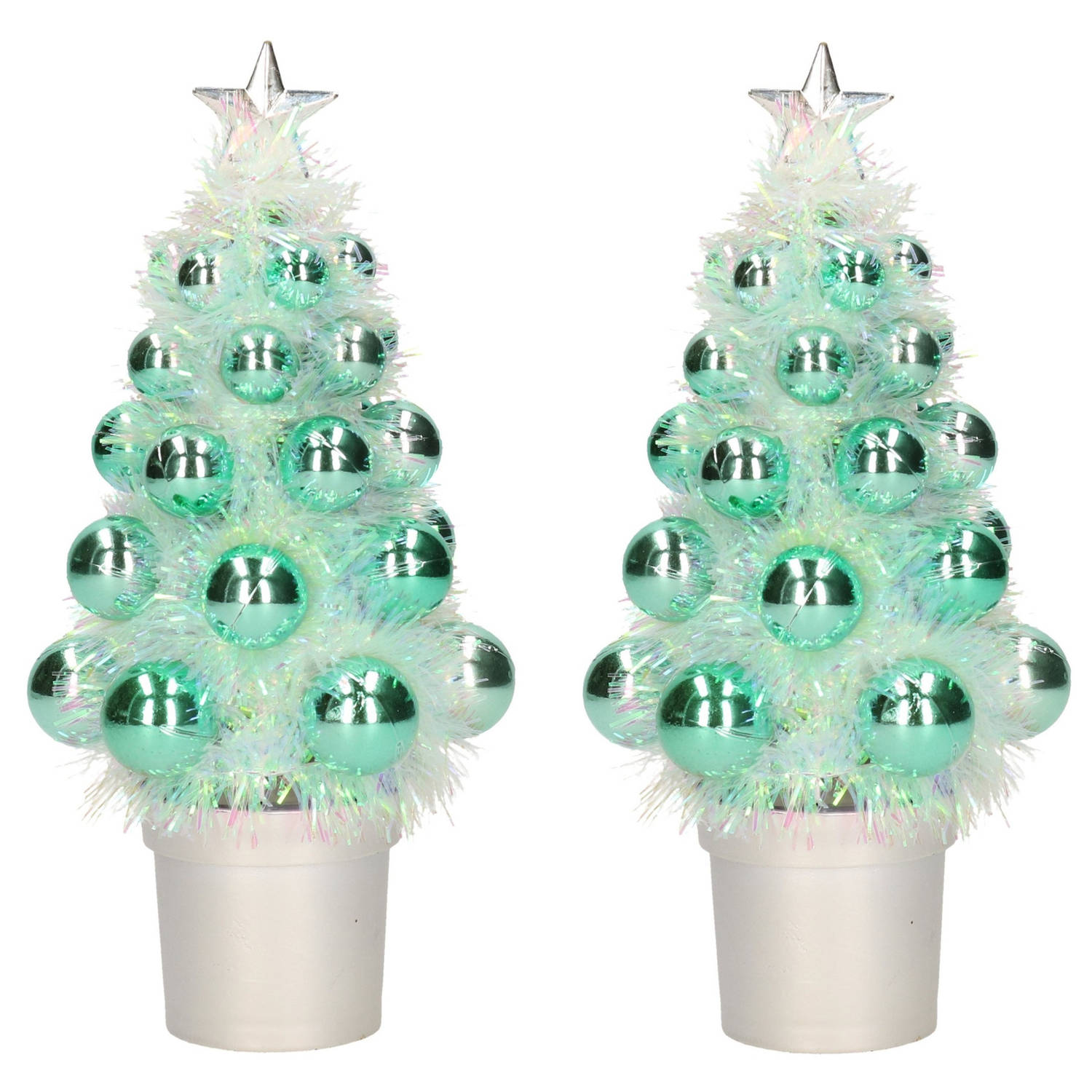 2x Mini Kunst Kerstboompje Mint Groen Met Kerstballen 19 Cm Kunstkerstboom