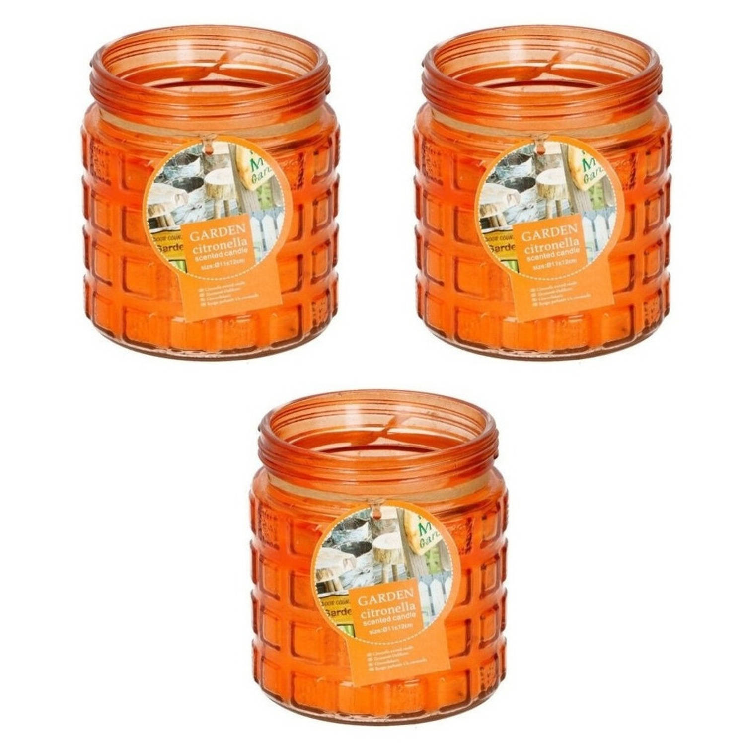 voorzetsel modus Geroosterd 3x stuks citronella kaarsen tegen insecten in glazen pot 12 cm oranje -  geurkaarsen | Blokker