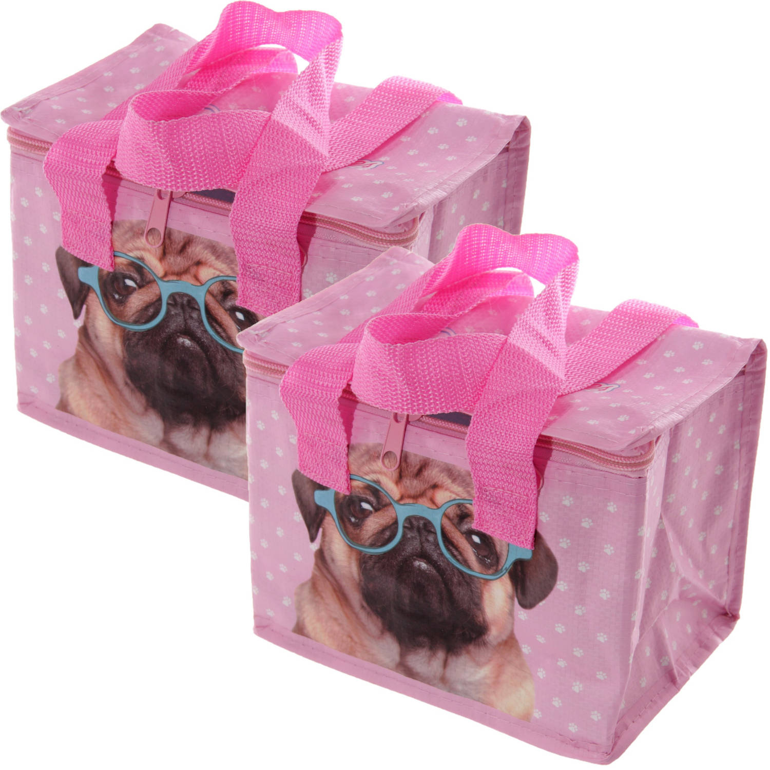 Set van 2x stuks kleine koeltassen voor lunch roze met mopshond print 16 x 21 x 14 cm 4,7 liter - Koeltas