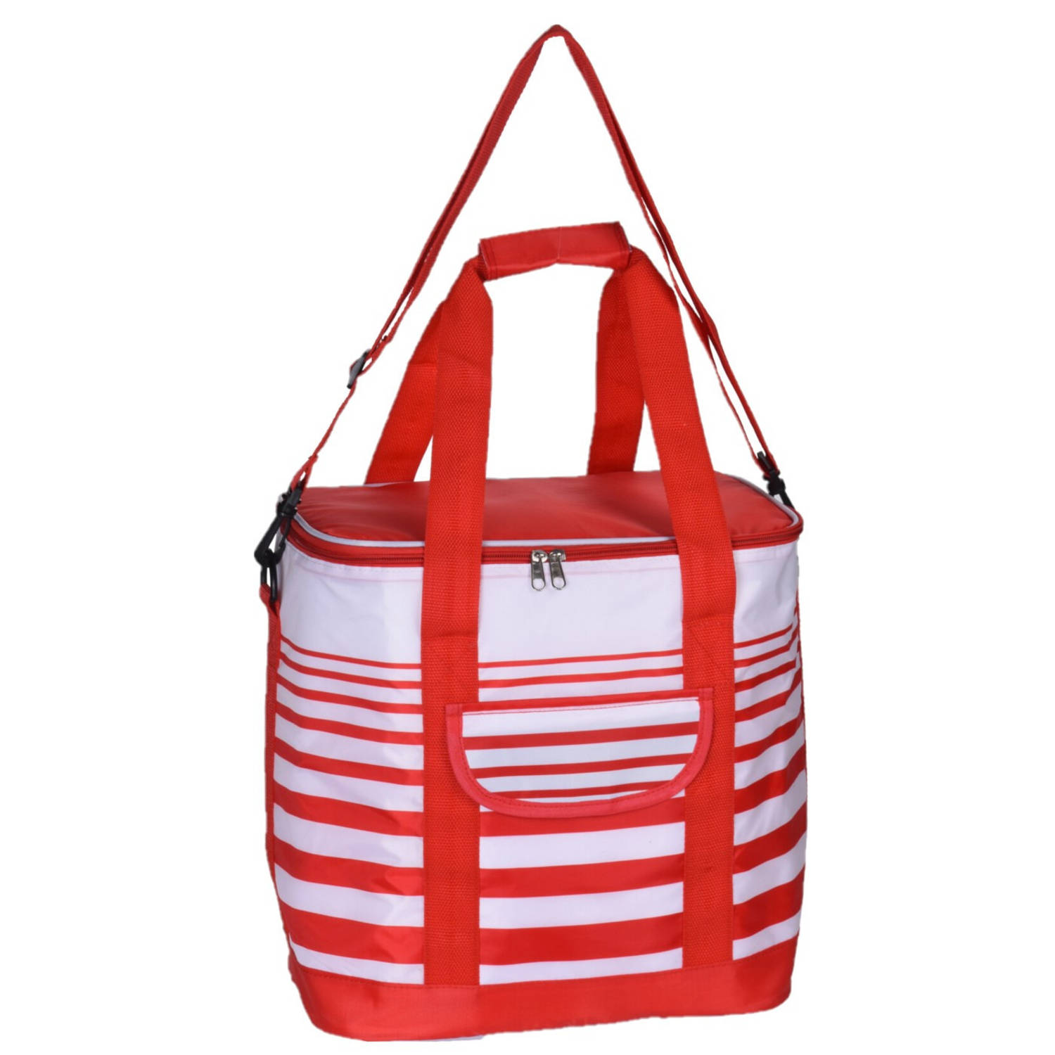 Grote koeltas draagtas schoudertas rood/wit gestreept 33 x 23 x 36 cm 24 liter - Koeltas