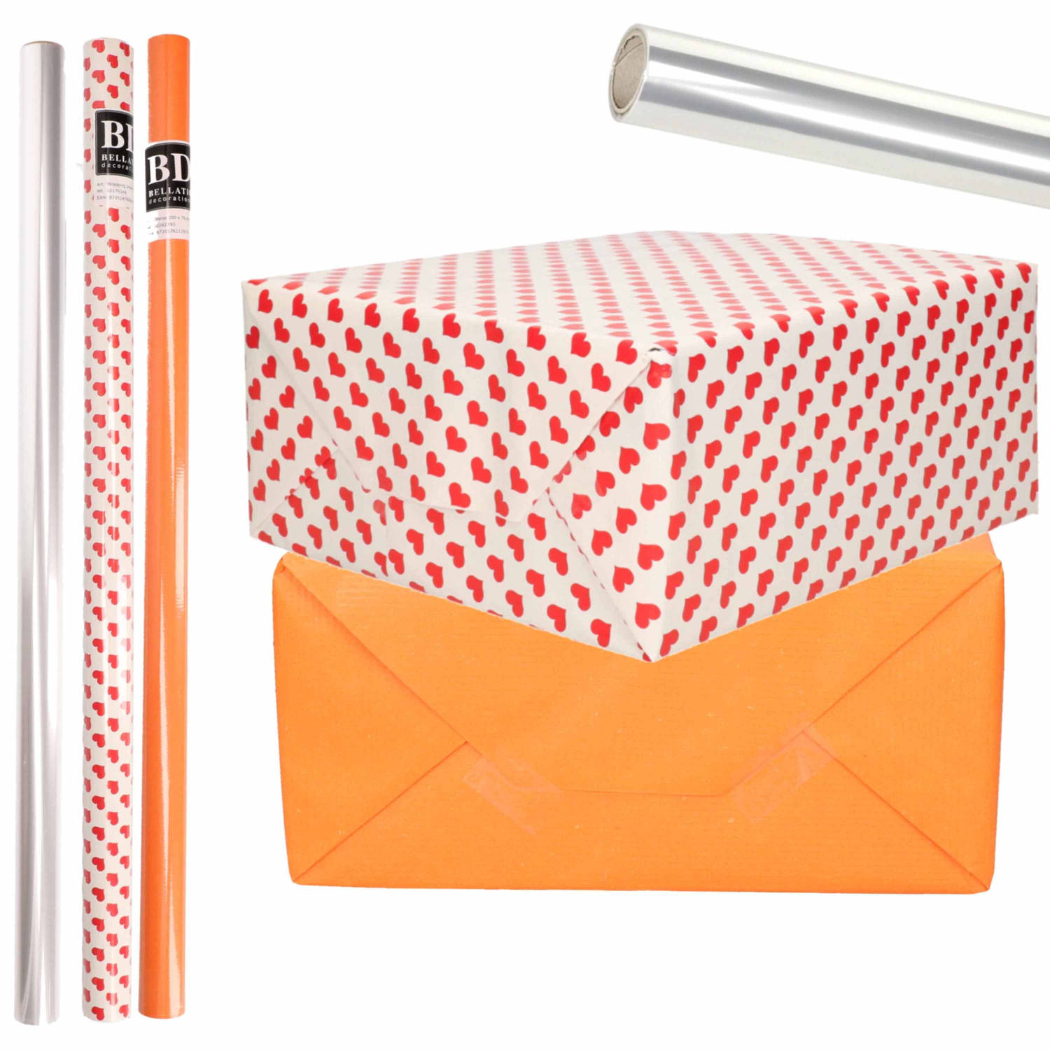 restjes Trots letterlijk 6x Rollen kraft inpakpapier transparante folie/hartjes pakket -  oranje/harten design 200 x 70 cm - Cadeaupapier | Blokker