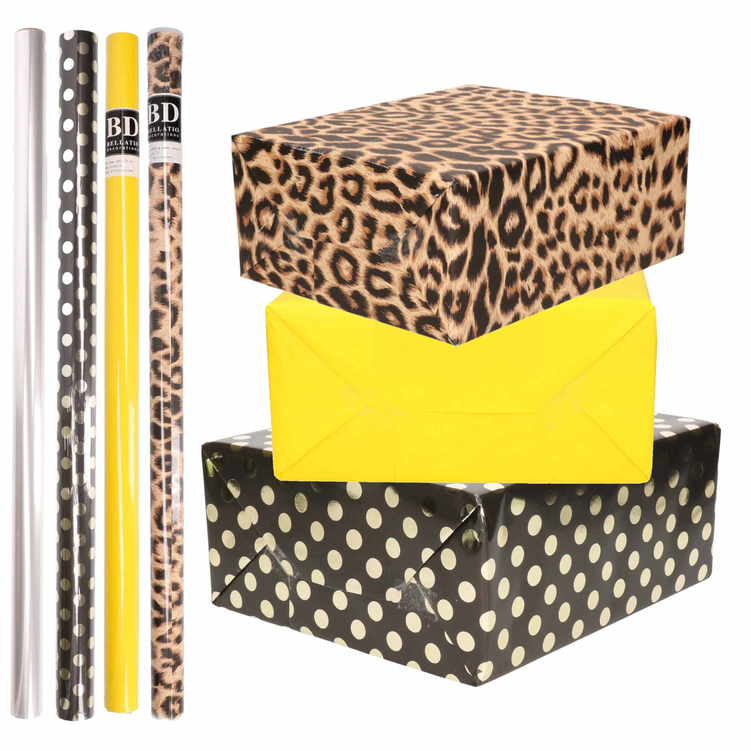 8x Rollen Transparante Folie-inpakpapier Pakket Panterprint-geel-zwart Met Stippen 200 X 70 Cm Cadea