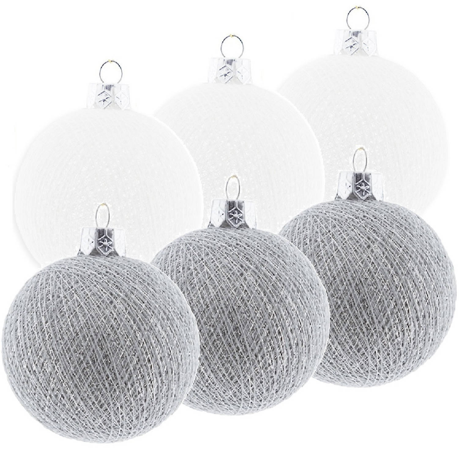 6x Wit-zilveren Cotton Balls Kerstballen Decoratie 6,5 Cm Kerstbal