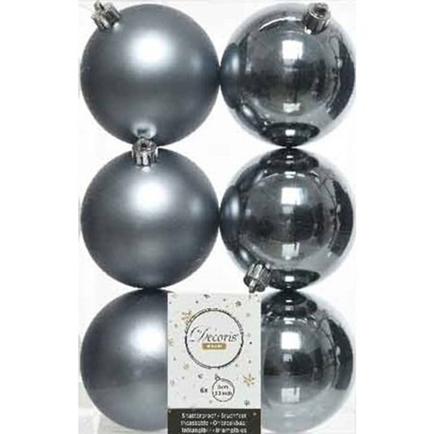 6x Kunststof kerstballen glanzend/mat grijsblauw 8 cm kerstboom versiering/decoratie - Kerstbal