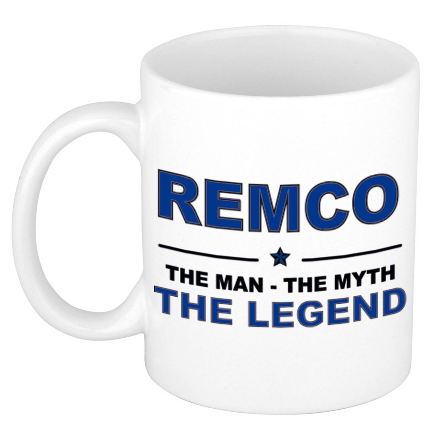 Leer katoen hop Remco The man, The myth the legend cadeau koffie mok / thee beker 300 ml -  Naam mokken | Blokker
