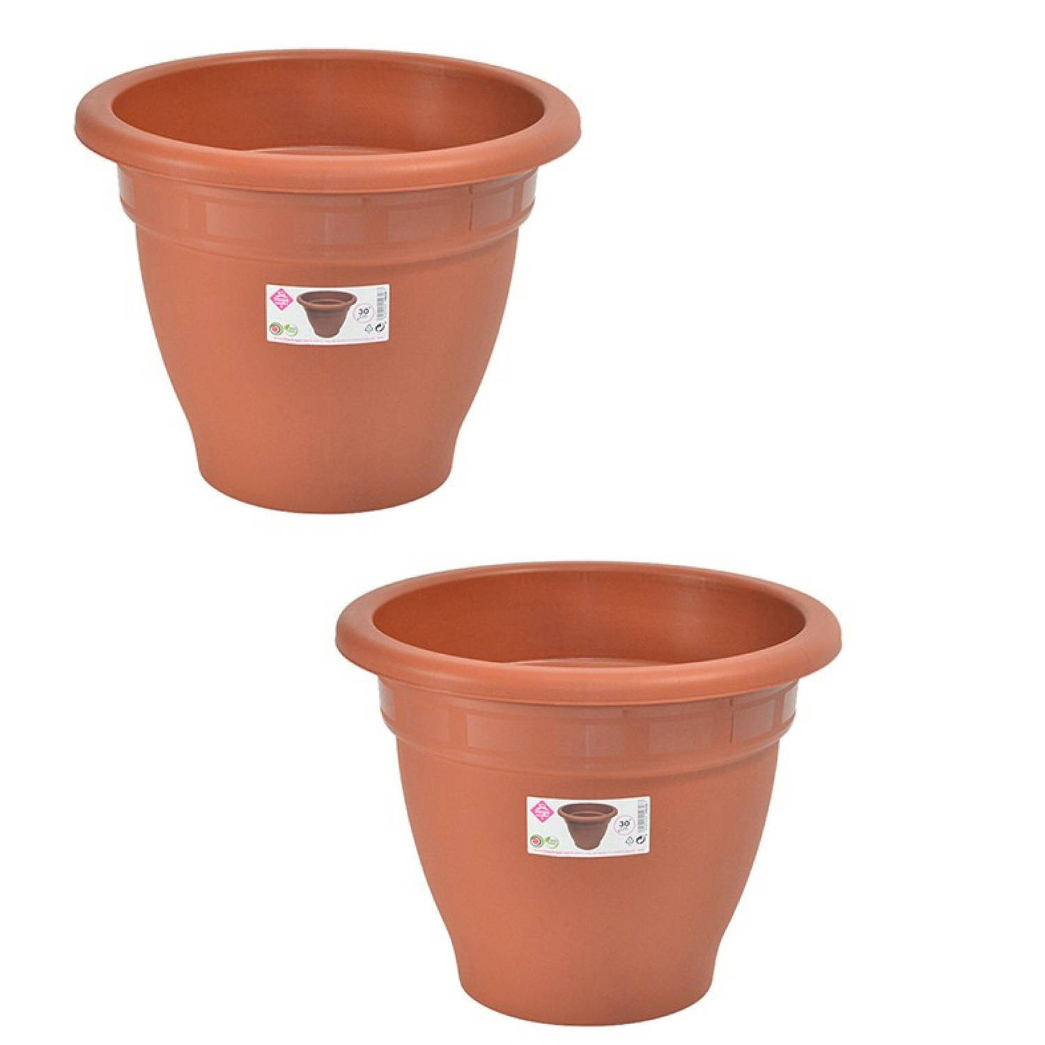 Set van 2x stuks terra cotta kleur ronde plantenpot/bloempot kunststof diameter 30 cm - Plantenpotten