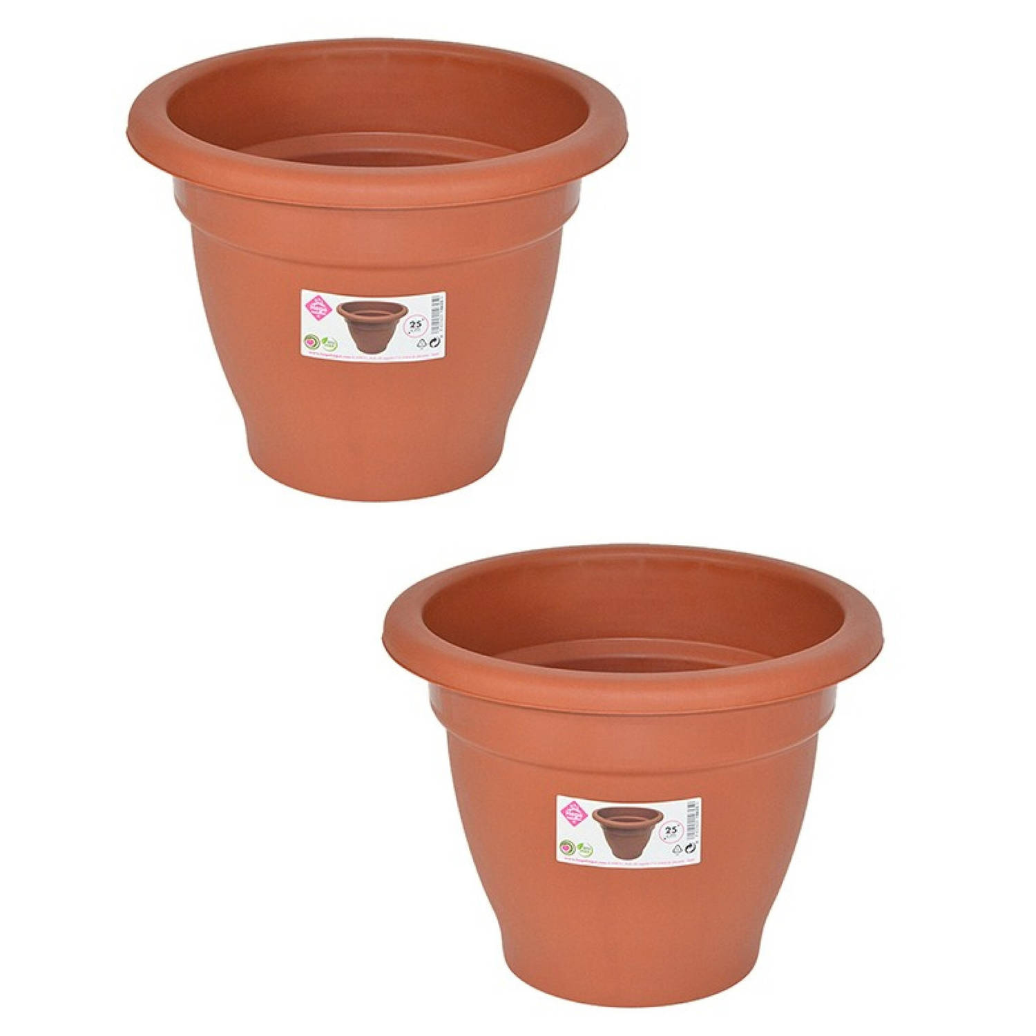 Set van 2x stuks terra cotta kleur ronde plantenpot/bloempot kunststof diameter 25 cm - Plantenpotten
