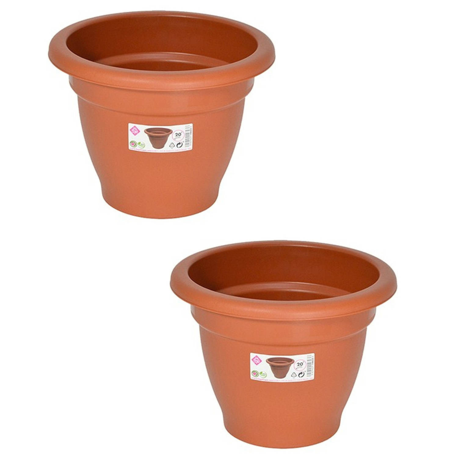 Set van 2x stuks terra cotta kleur ronde plantenpot/bloempot kunststof diameter 20 cm - Plantenpotte