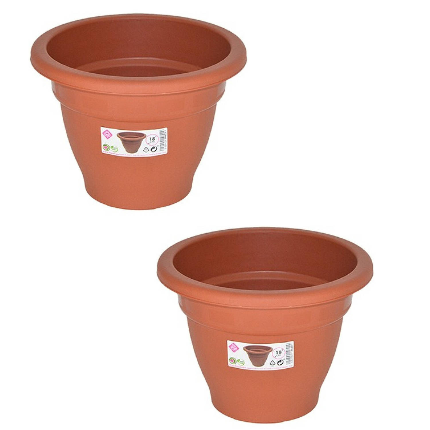 Set van 2x stuks terra cotta kleur ronde plantenpot/bloempot kunststof diameter 18 cm - Plantenpotte