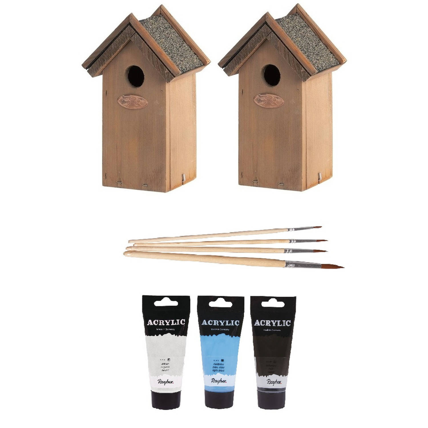 2x Houten vogelhuisje/nestkastje 22 cm - zwart/wit/lichtblauw DHZ schilderen pakket - Vogelhuisjes