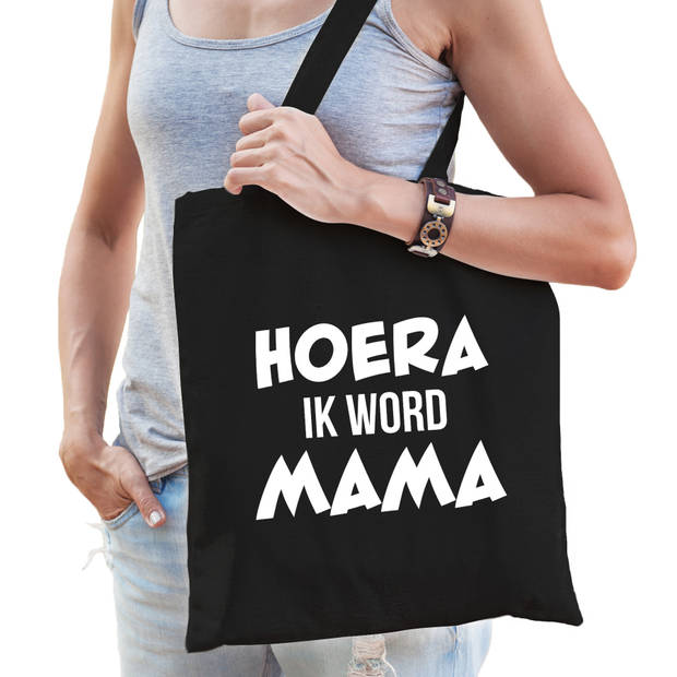 Hoera ik word mama cadeau katoenen tas zwart voor dames - Cadeau aanstaande mama - Feest Boodschappentassen