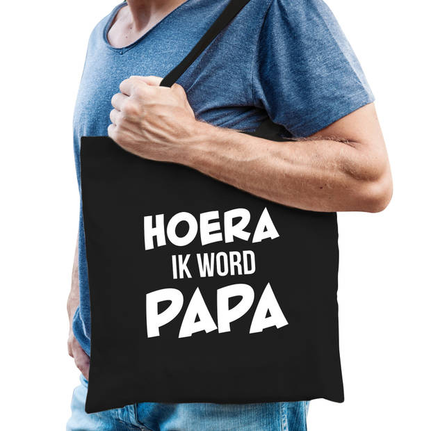 Hoera ik word papa cadeau katoenen tas zwart voor heren - Cadeau aanstaande papa - Feest Boodschappentassen