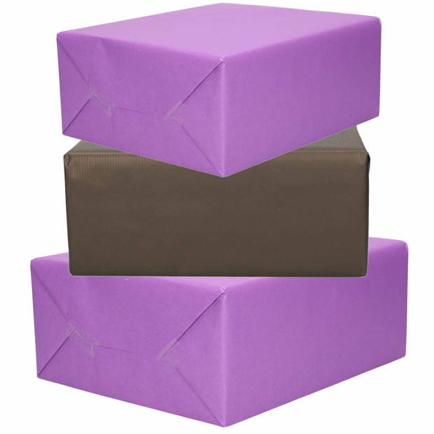 4x Rollen kraft inpakpapier paars en zwart 200 x 70 cm - Cadeaupapier