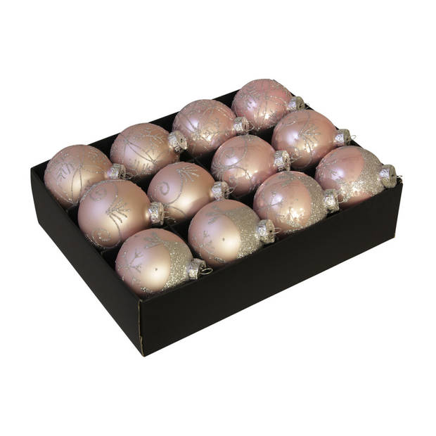 Othmar Decorations Luxe kerstballen - 12x - roze - 7,5 cm - glas - Kerstbal