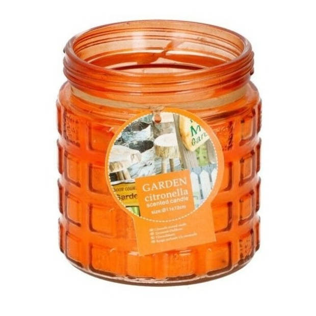 2x stuks citronella kaarsen tegen insecten in glazen pot 12 cm oranje - geurkaarsen