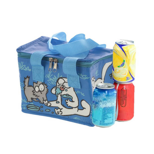 Set van 2x stuks kleine koeltassen voor lunch blauw met katten print 16 x 21 x 14 cm 4,7 liter - Koeltas