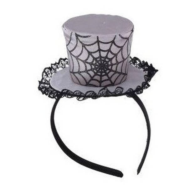 Halloween Grijze verkleed haarband met mini hoed met spinnenweb voor dames - Verkleedhoofddeksels