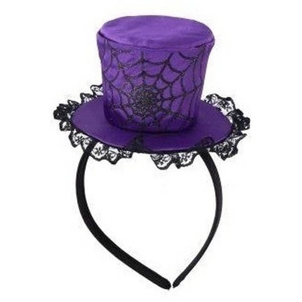 Halloween Paarse verkleed haarband met mini hoed met spinnenweb voor dames - Verkleedhoofddeksels