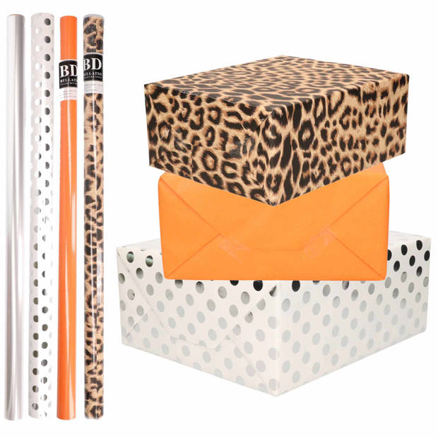 8x Rollen transparante folie/inpakpapier pakket - panterprint/oranje/wit met stippen 200 x 70 cm - Cadeaupapier