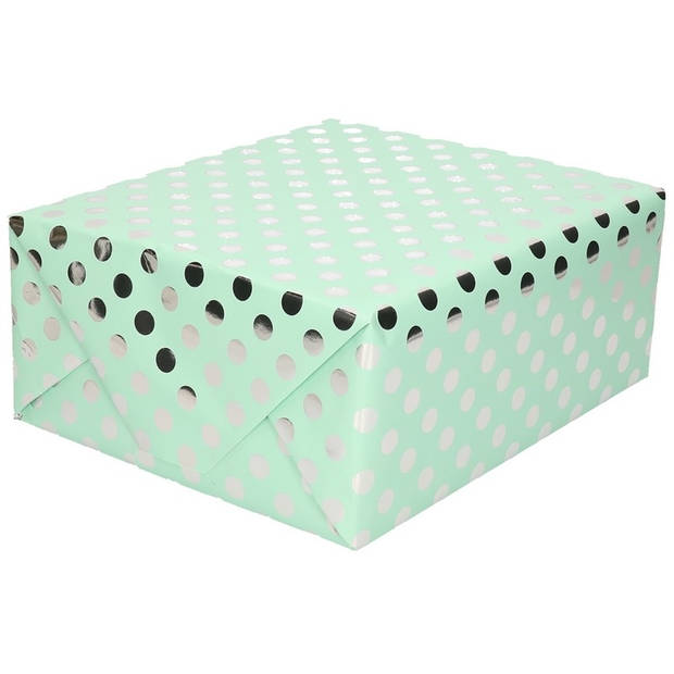 3x Mint groene folie geschenkpapier zilveren stip 200 x 70 cm - Cadeaupapier