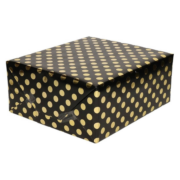 3x Zwart folie geschenkpapier gouden stip 200 x 70 cm - Cadeaupapier