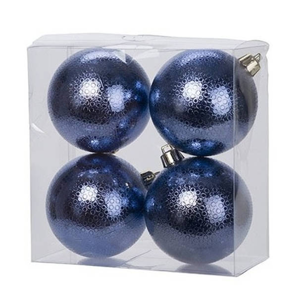 12x Kunststof kerstballen cirkel motief donkerblauw 8 cm kerstboom versiering/decoratie - Kerstbal