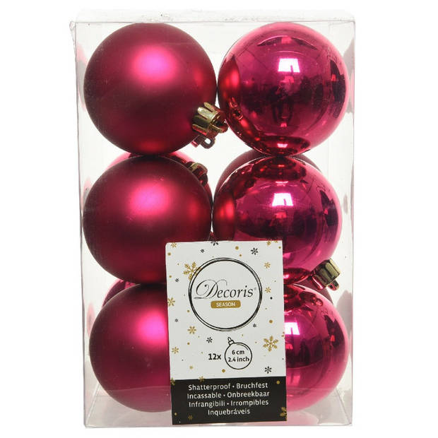 24x Kunststof kerstballen glanzend/mat bessen roze 6 cm kerstboom versiering/decoratie - Kerstbal