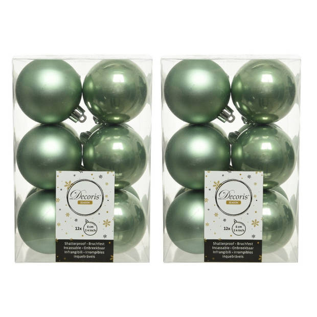 24x Kunststof kerstballen glanzend/mat salie groen 6 cm kerstboom versiering/decoratie - Kerstbal