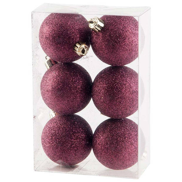 Kerstversiering set glitter kerstballen aubergine roze 6 - 8 -10 cm - pakket van 50x stuks - Kerstbal