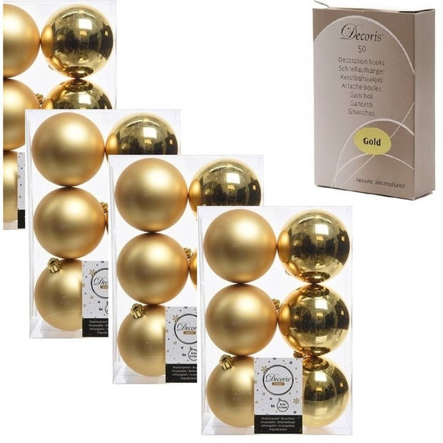 48x Kunststof kerstballen glanzend/mat goud 8 cm kerstboom versiering/decoratie met haakjes - Kerstbal