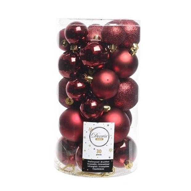 Decoris kerstballen 30x stuks - donkerrood 4/5/6 cm kunststof mat/glans/glitter mix en piek - Kerstbal