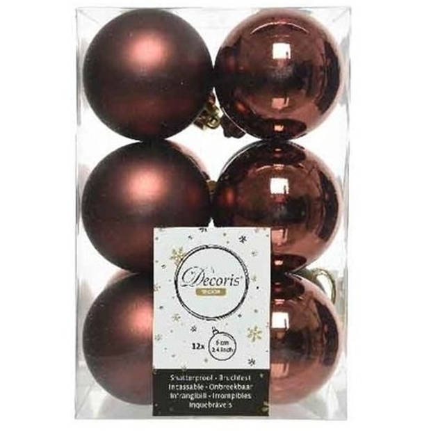 12x Kunststof kerstballen glanzend/mat mahonie bruin 6 cm kerstboom versiering/decoratie - Kerstbal