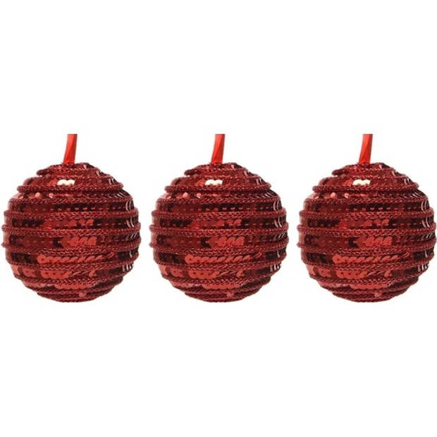 3x Kunststof kerstballen kerst rood 8 cm pailletten kerstboom versiering/decoratie - Kerstbal