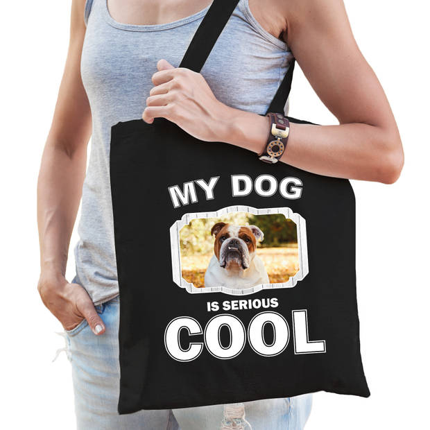 Katoenen tasje my dog is serious cool zwart - Engelse Bulldog honden cadeau tas - Feest Boodschappentassen