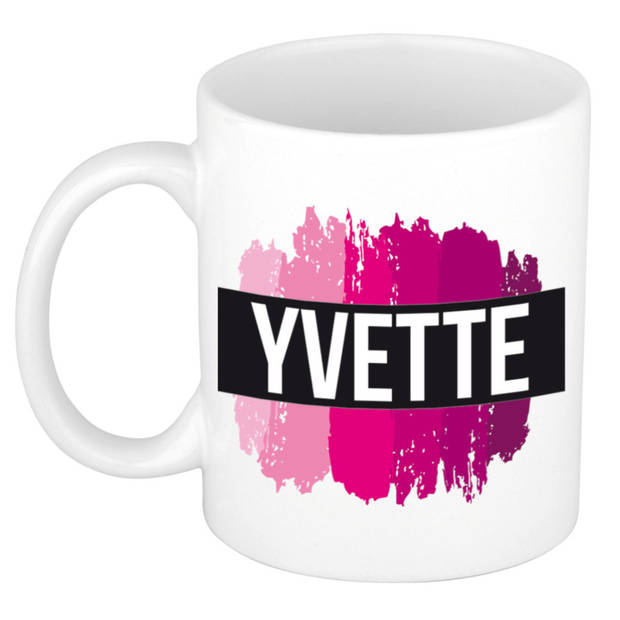 Yvette naam / voornaam kado beker / mok roze verfstrepen - Gepersonaliseerde mok met naam - Naam mokken