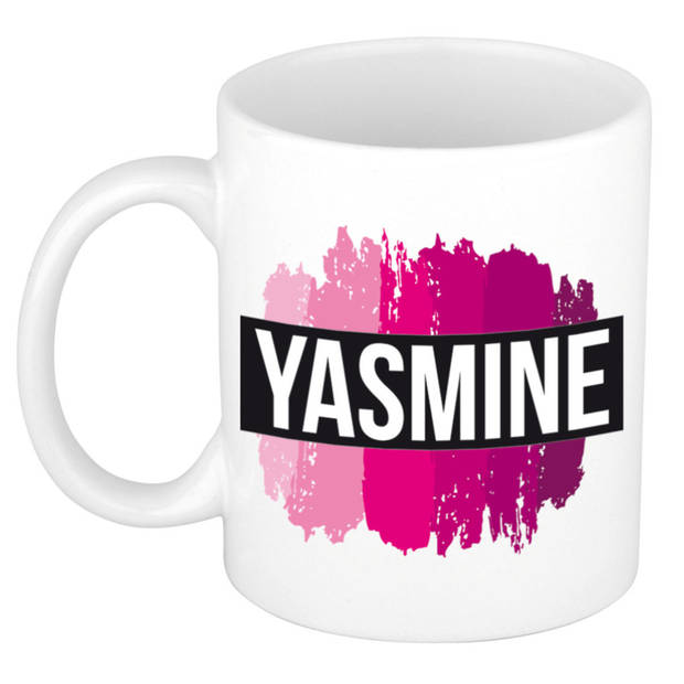 Yasmine naam / voornaam kado beker / mok roze verfstrepen - Gepersonaliseerde mok met naam - Naam mokken